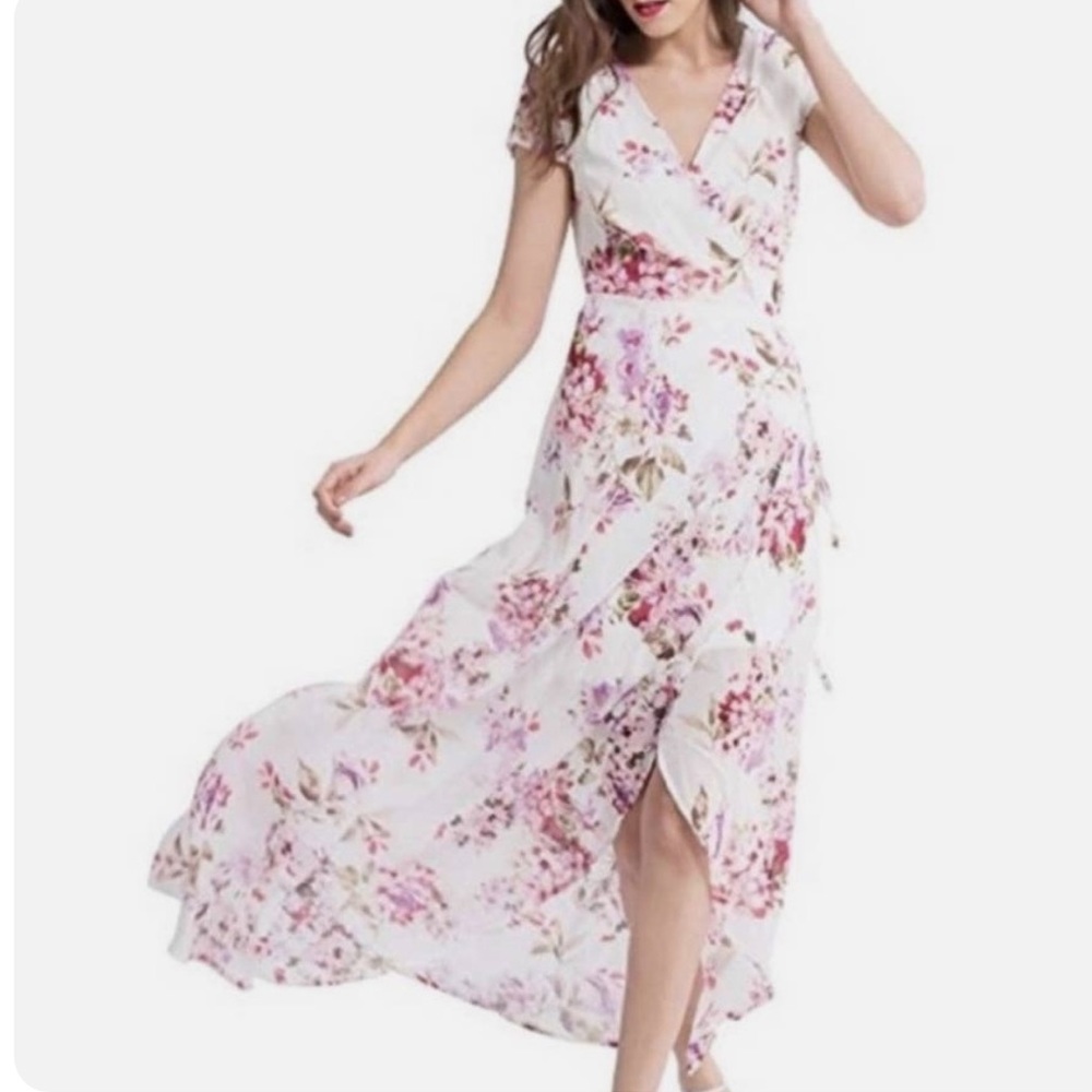 LWink Gal White Pink Floral Wrap Dress Romantic